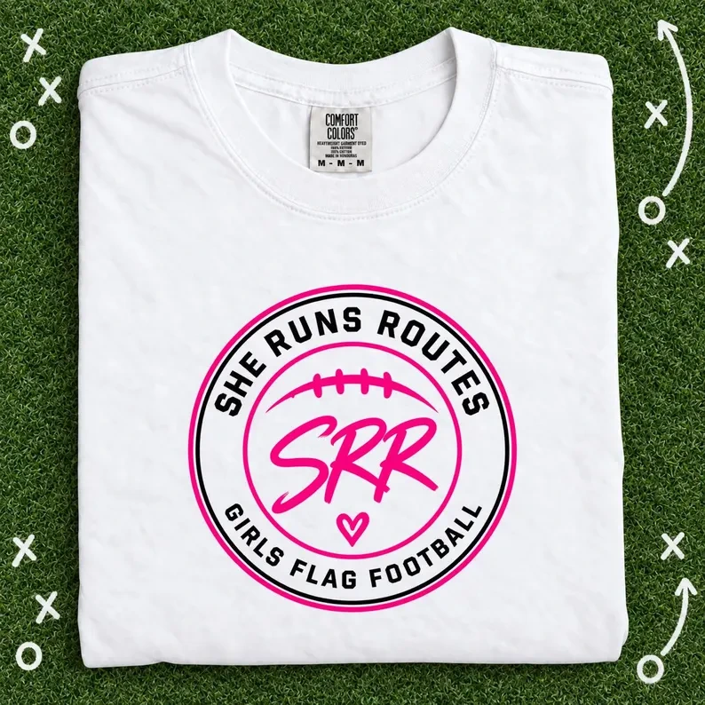 She Runs Routes Girls Flag Football Shirt, Comfort Colors Tee with SRR Badge Design, Sports Mom and Athlete Gift, Game Day Apparel