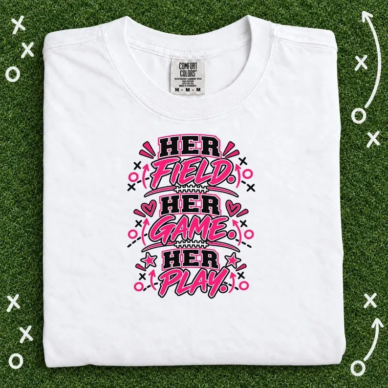 Her Field Her Game Her Play Girls Flag Football Shirt, Pink Football Graphic Tee for Flag Football Mom or Player, Youth and Adult Sizes
