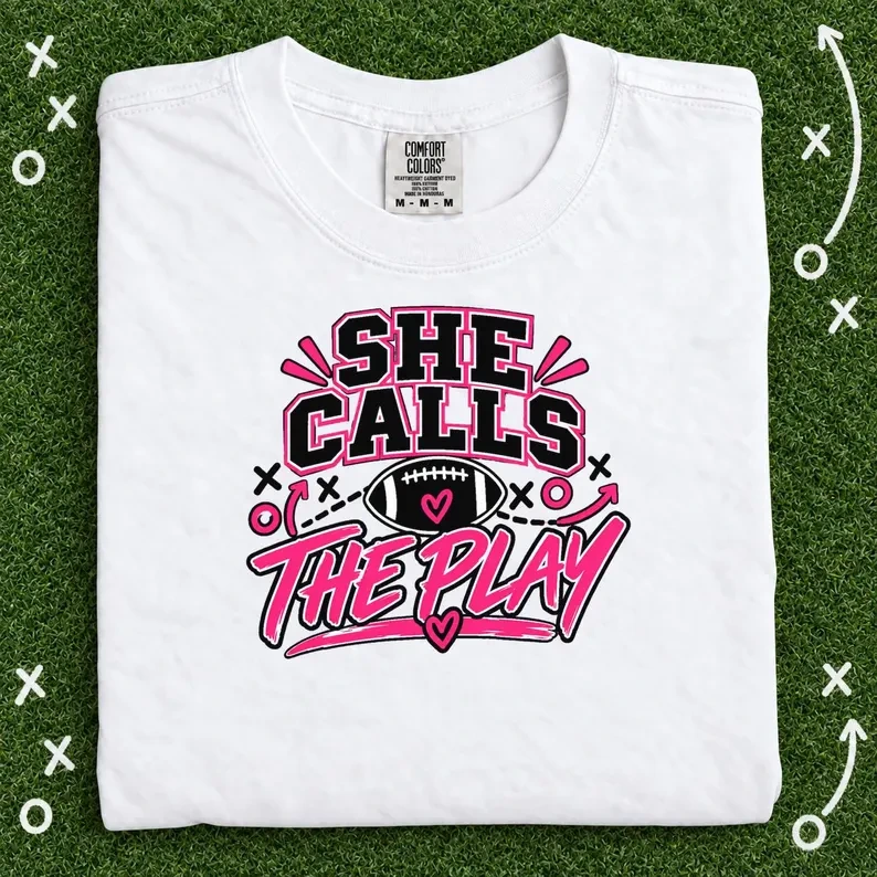 She Calls The Play Girls Flag Football Shirt, Pink Football Graphic Tee for Women and Youth, Game Day Gift for Sports Moms and Players